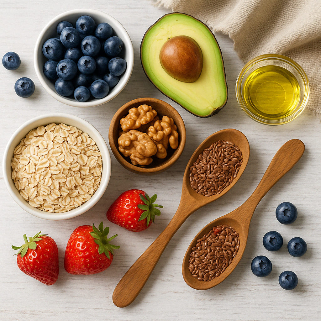 Verschiedene cholesterinsenkende Lebensmittel wie Haferflocken, Avocado und Nüsse in Schalen auf weißem Holzhintergrund