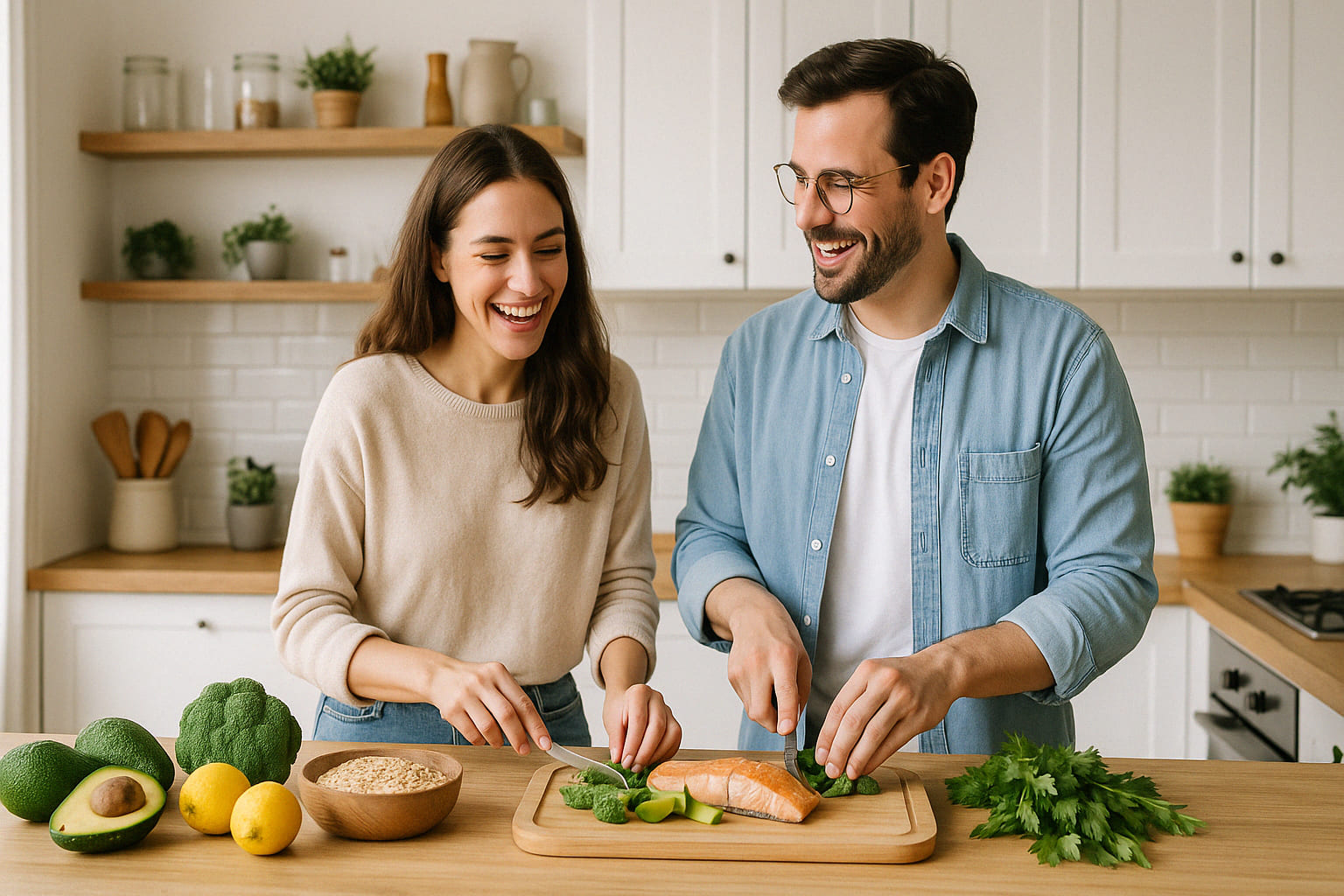 Lachendes Paar kocht gemeinsam in heller Küche gesunde Mahlzeit mit frischen Zutaten