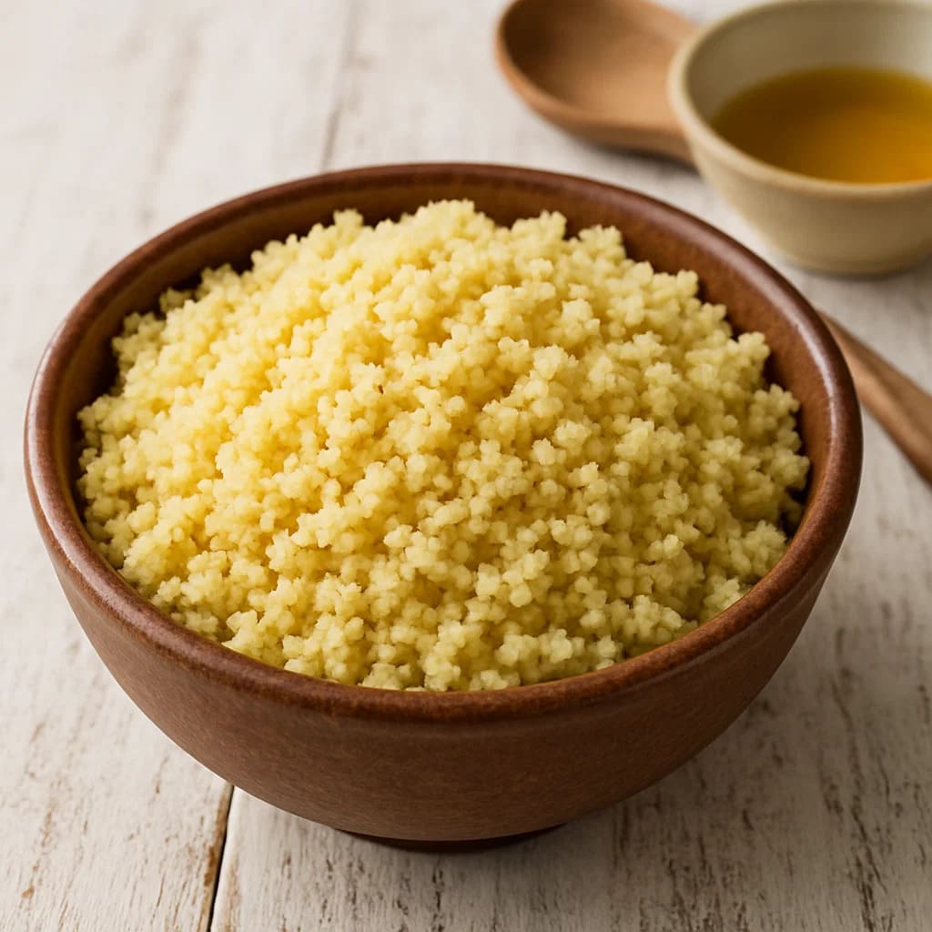 Gekochter Couscous in Schüssel auf weißem Holztisch