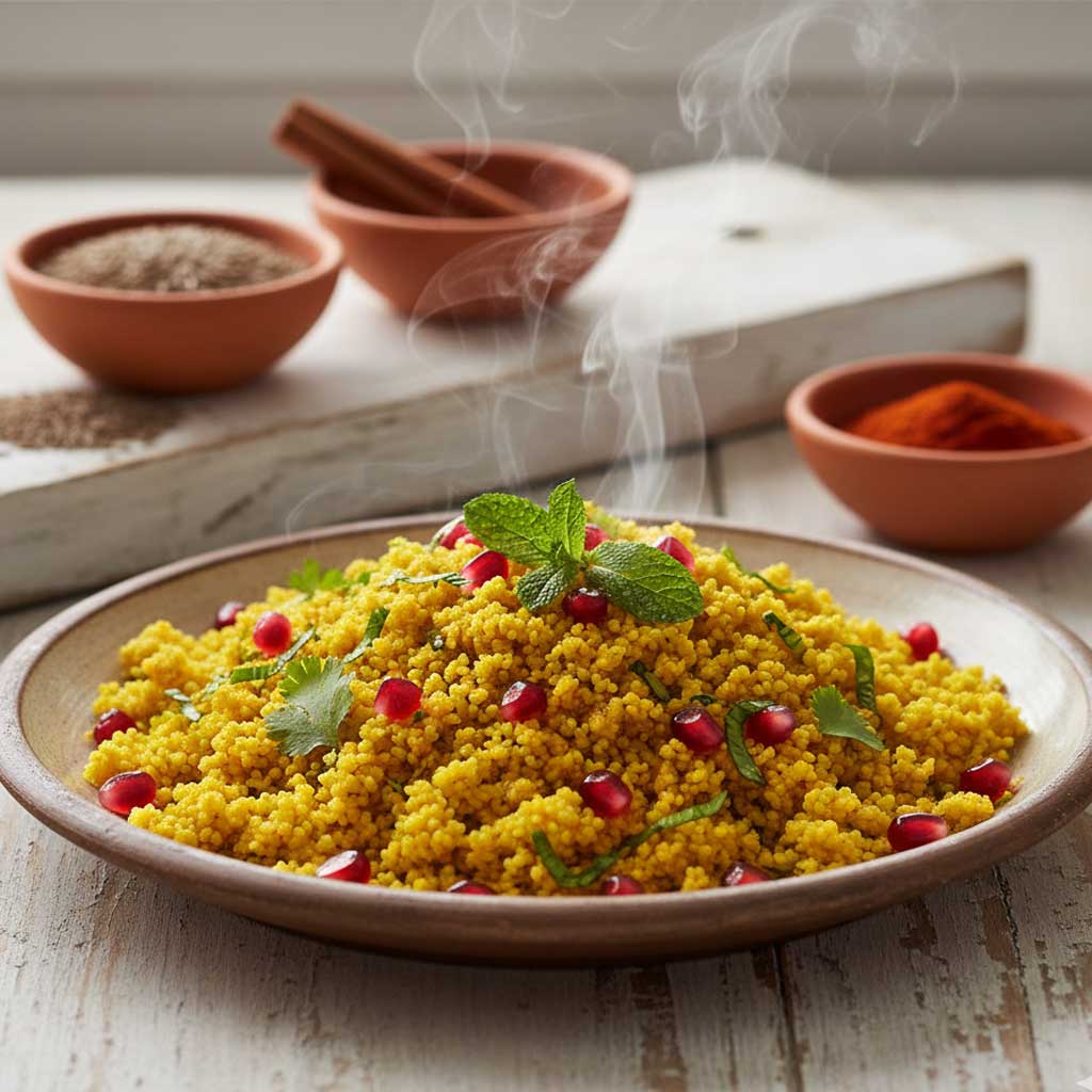 Traditioneller Couscous mit orientalischen Gewürzen angerichtet auf einem rustikalen Holztisch
