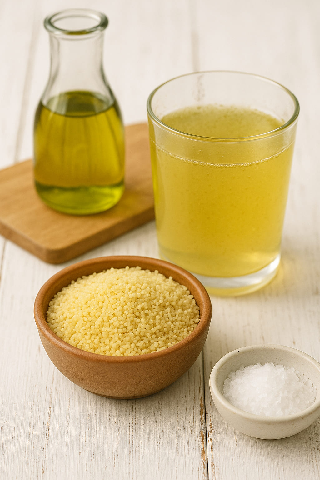 Zutaten für Couscous Couscous-Zutaten mit Brühe und Öl