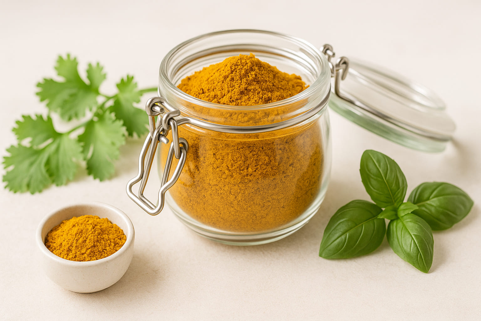 curry-tipp-verwendung Currypulver aufbewahrt in einem Glas neben frischen Kräutern