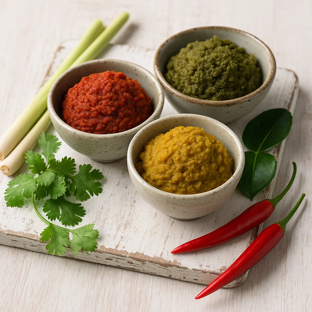 Currypasten in kleinen Schälchen auf weißem Holzuntergrund mit Gewürzen und Kräutern
