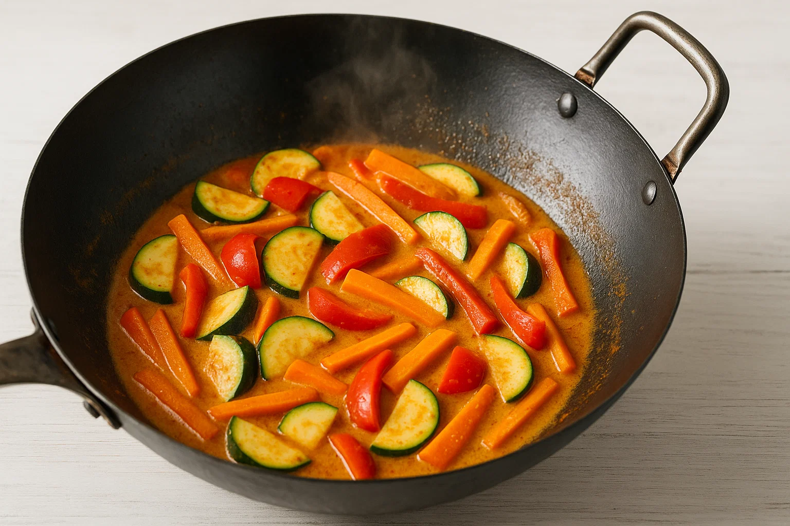 Zubereitung einer Currypaste im Wok mit Gemüse und Kokosmilch