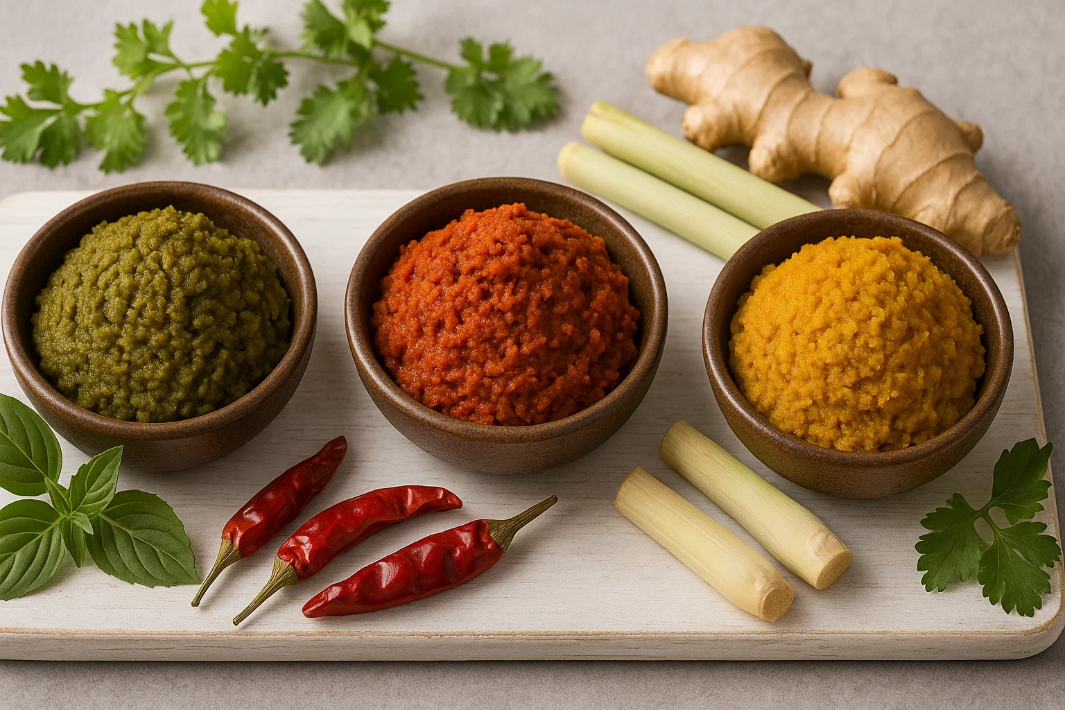 Drei verschiedene Currypasten nebeneinander in Schälchen – grün, rot, gelb