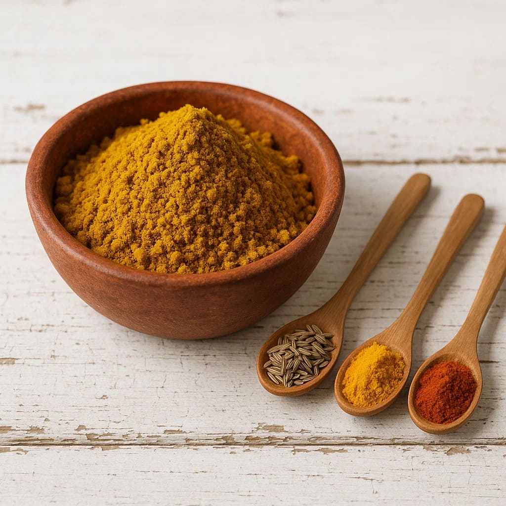 Currypulver in einer rustikalen Schale auf weißem Holzuntergrund, daneben Gewürzlöffel mit Kreuzkümmel, Kurkuma und Paprika