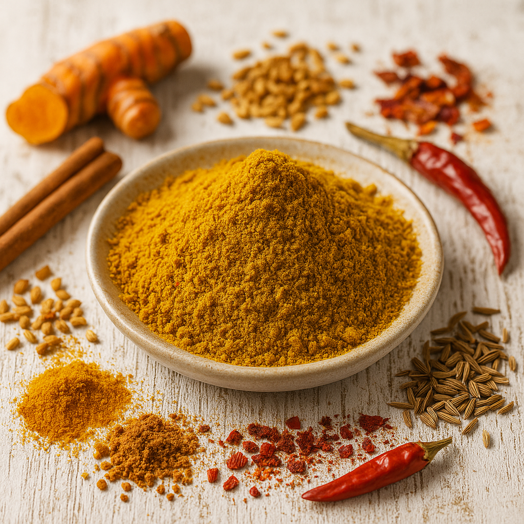 Currypulver-Mischung angerichtet auf weißem Holz mit Gewürzen und Kurkuma