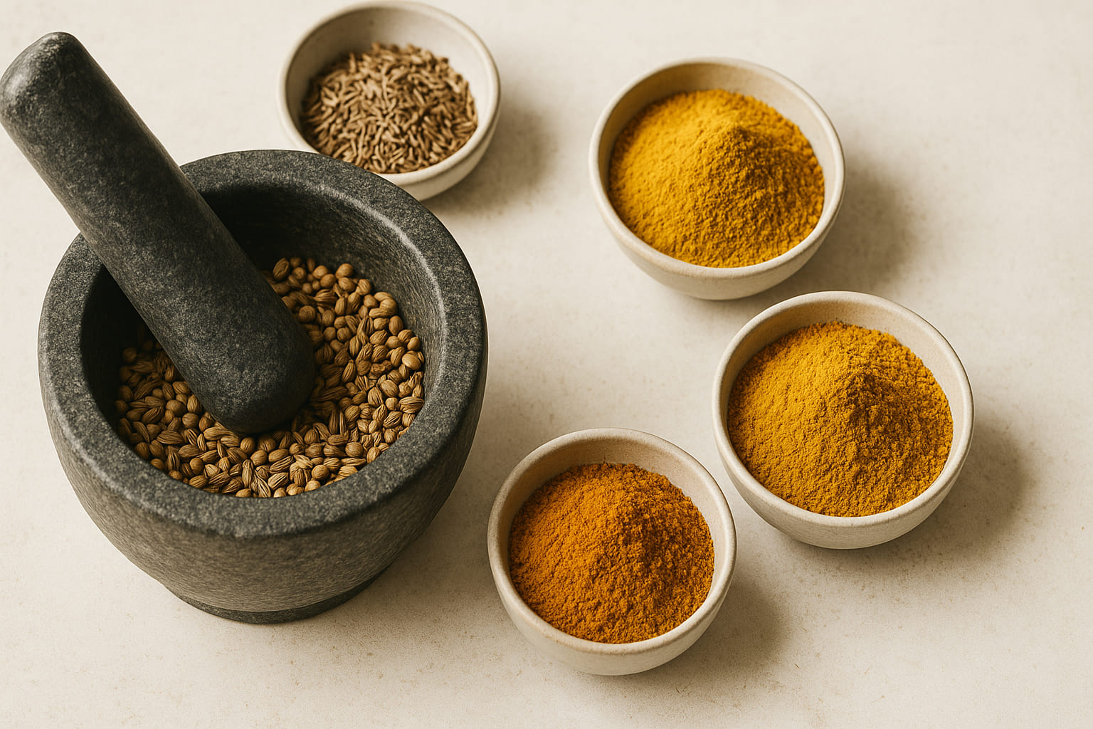 currypulver-selbermachen Zubereitung von Currypulver mit Mörser und Gewürzen