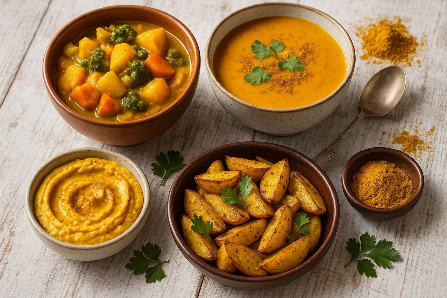 Verschiedene Gerichte mit Currypulver: Gemüse-Curry, Currysuppe, Curry-Hummus und Marinierte Ofenkartoffeln in ansprechender Anordnung