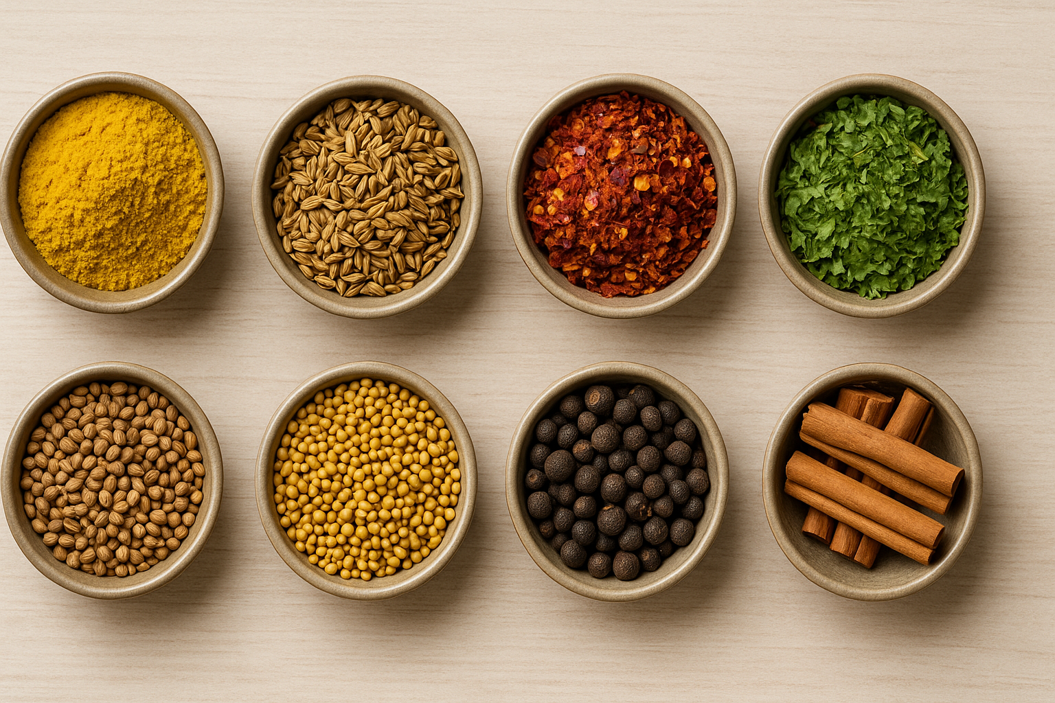 Einzelne Gewürze aus Currypulver-Mischungen nebeneinander: Kurkuma, Chili, Koriander, Pfeffer, Zimt