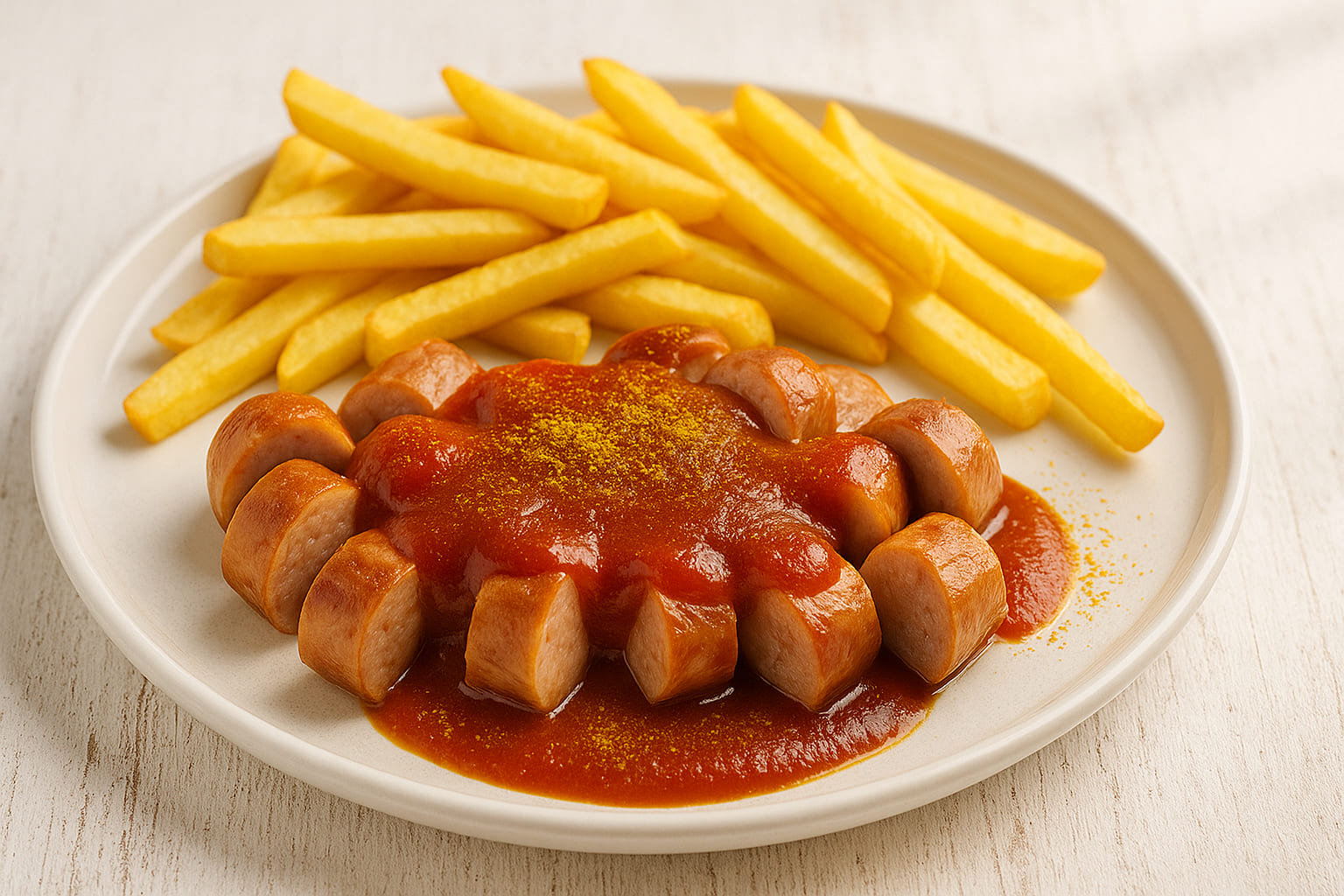 Currywurst mit Currysauce und Pommes