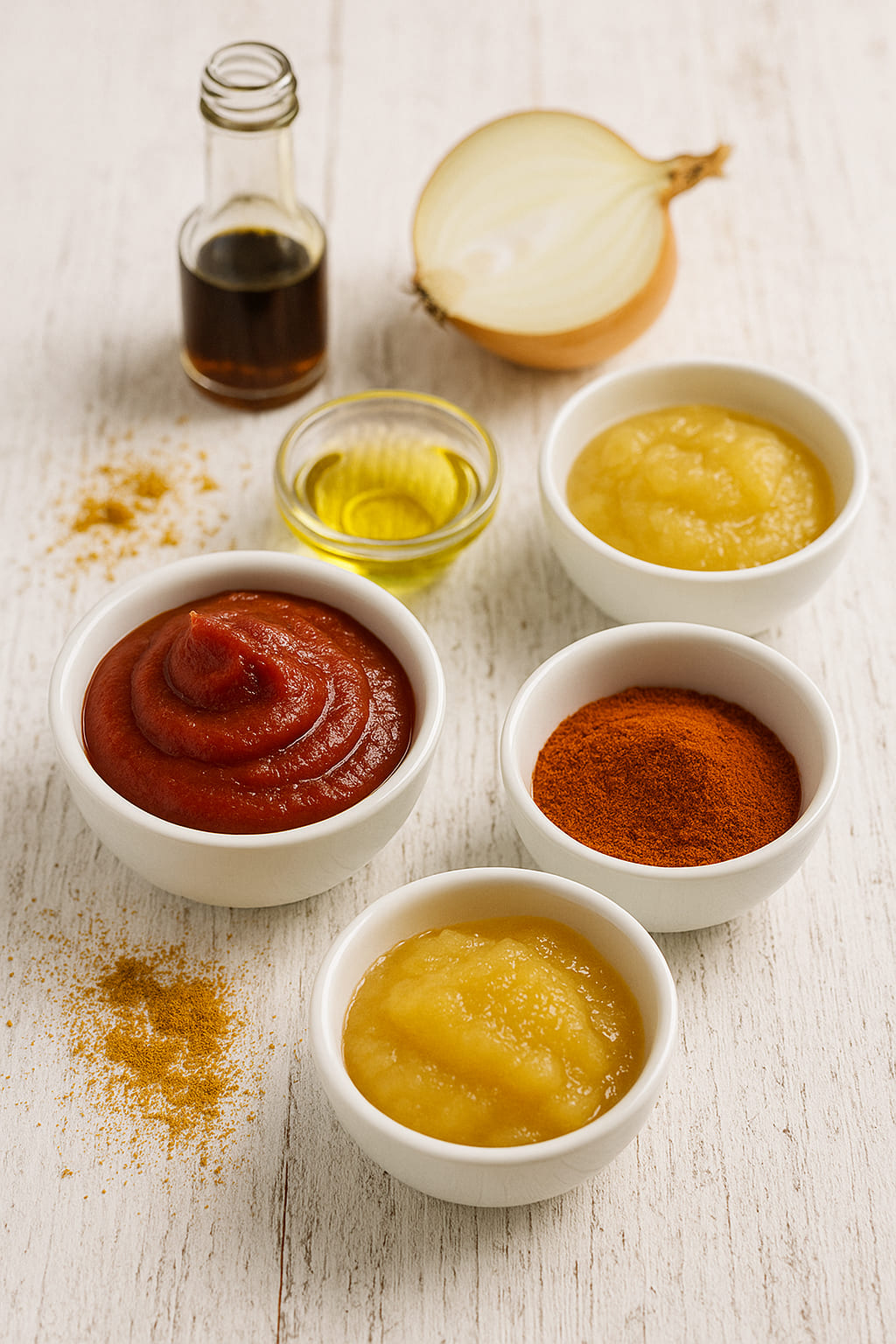 Zutaten Currysauce für Currywurst Zutaten für Currysauce: Tomatenmark, Zwiebeln, Apfelmus