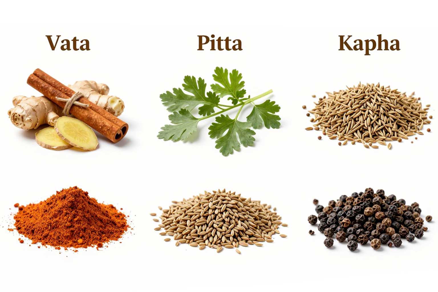 Die drei Doshas Vata, Pitta und Kapha mit passenden Ayurveda Gewürzen