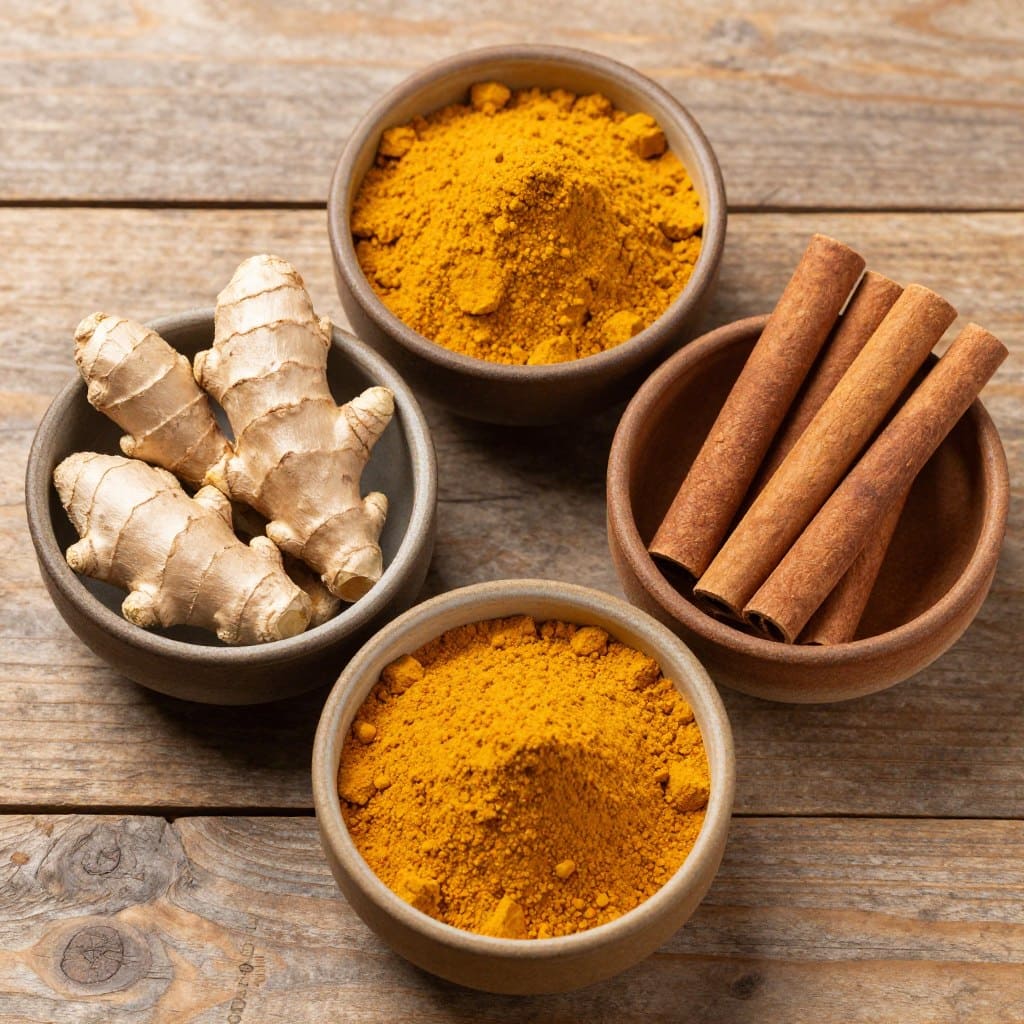 Drei Gewürze gegen Entzündungen: Kurkuma, Ingwer und Zimt in kleinen Schalen arrangiert