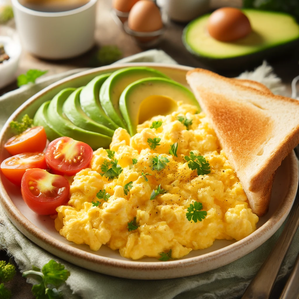  Ein Teller mit frisch zubereitetem Rührei, garniert mit frischen Kräutern und serviert mit einer Scheibe geröstetem Brot. Das Rührei ist cremig und fluffig, begleitet von Kirschtomaten und Avocadoscheiben.