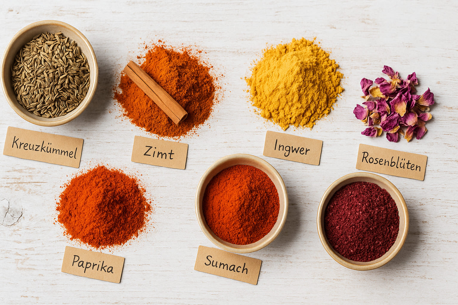 einzelgewuerze-tajine Einzelne Tajine-Gewürze auf weißem Holzuntergrund, mit Namensschildchen