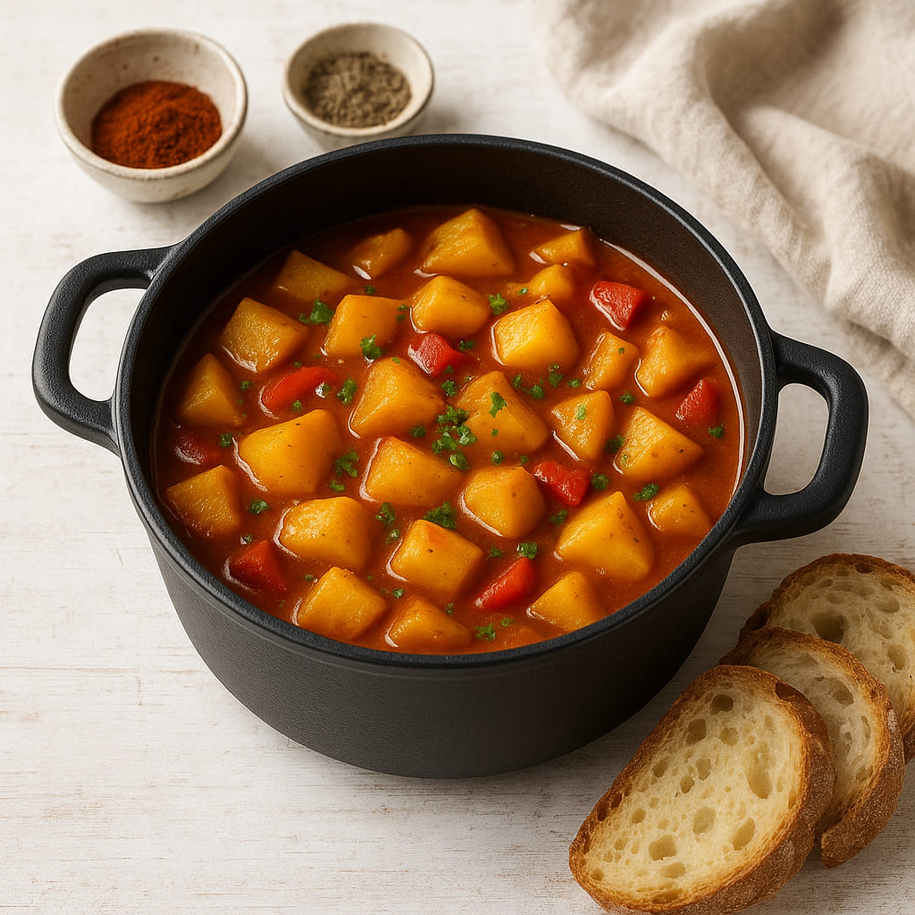 erdaepfelgulasch Erdäpfelgulasch in einem gusseisernen Topf mit Paprika und Brot