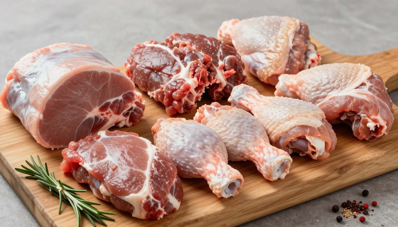 Verschiedene Fleischsorten für Gyros mit passenden Gewürzen