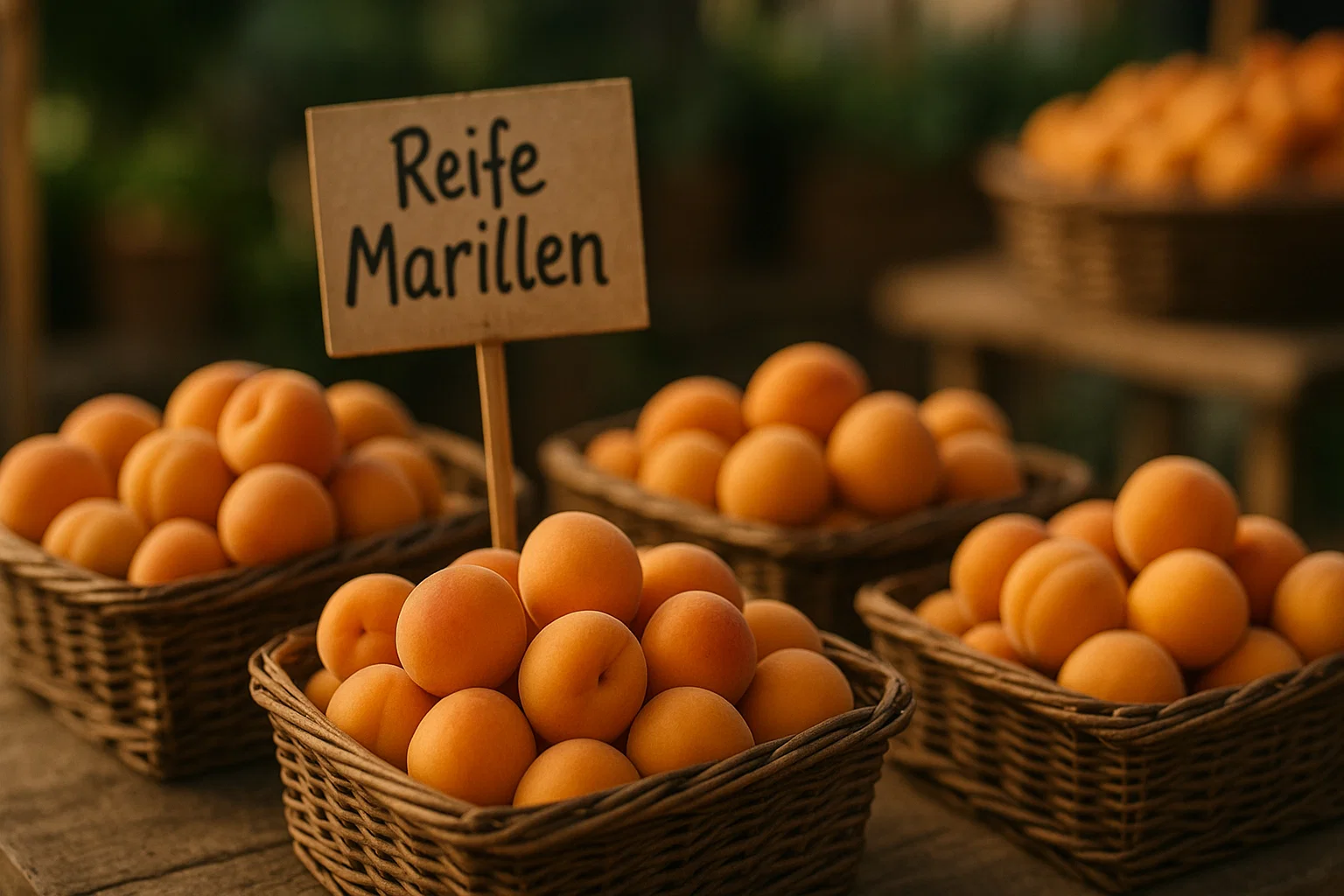 Reife Marillen auf einem Marktstand mit Schild