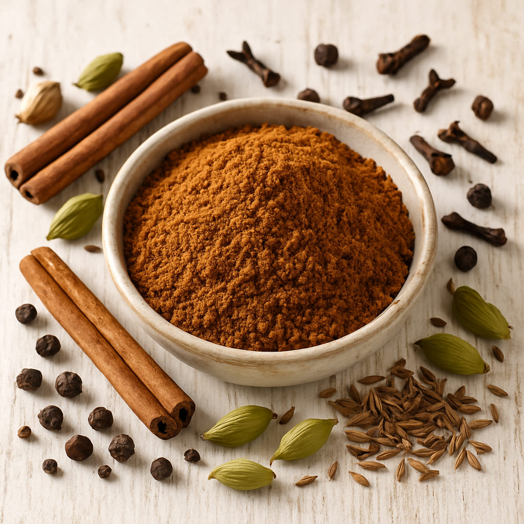 garam-masala-gewuerz Schale mit Garam Masala Gewürzmischung, umgeben von Zimt, Kardamom und Nelken