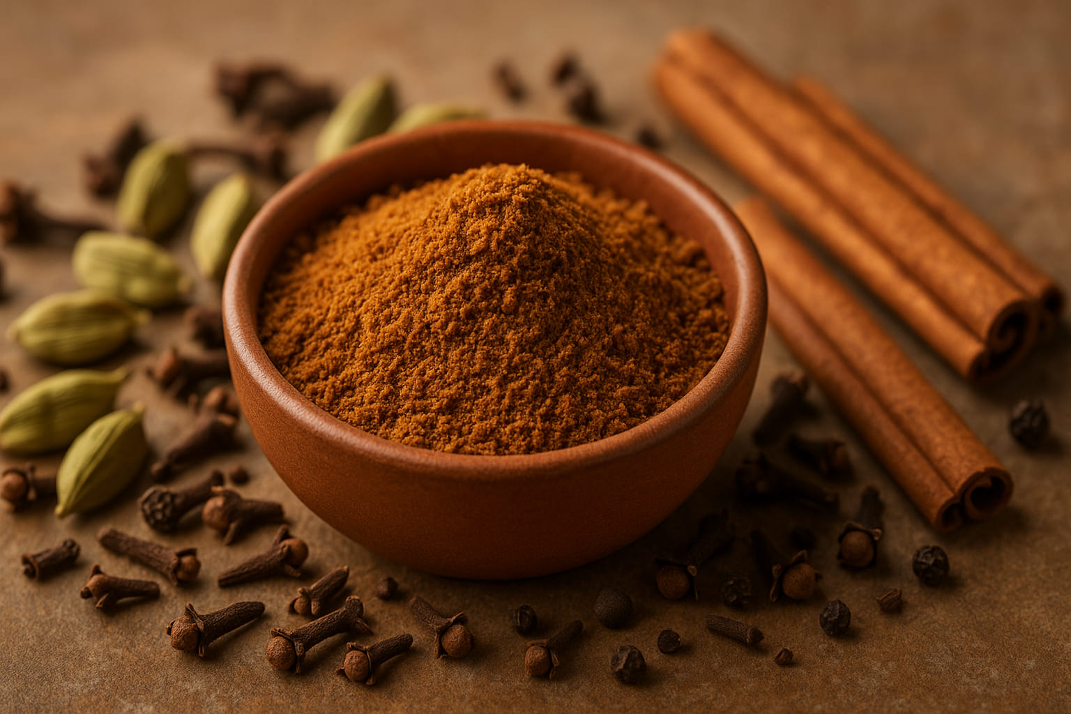 garam-masala Schale mit Garam Masala Gewürzpulver, umgeben von Kardamom, Nelken und Zimt