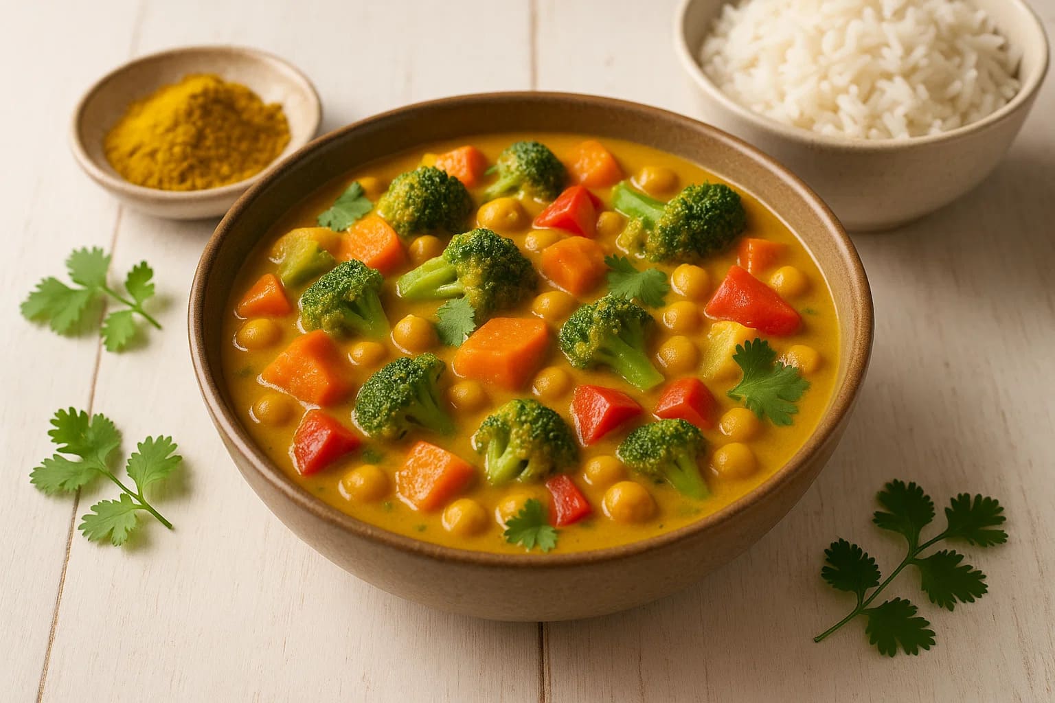 Schnelles Gemüse-Curry mit Currypulver, serviert in einer Schüssel mit frischen Kräutern und Basmatireis