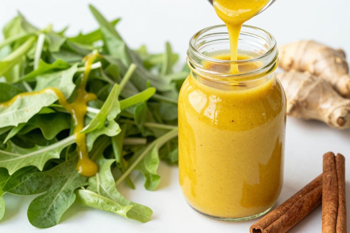 Glasfläschchen mit Gewürz-Dressing aus Kurkuma, Ingwer und Zimt neben frischem Salat