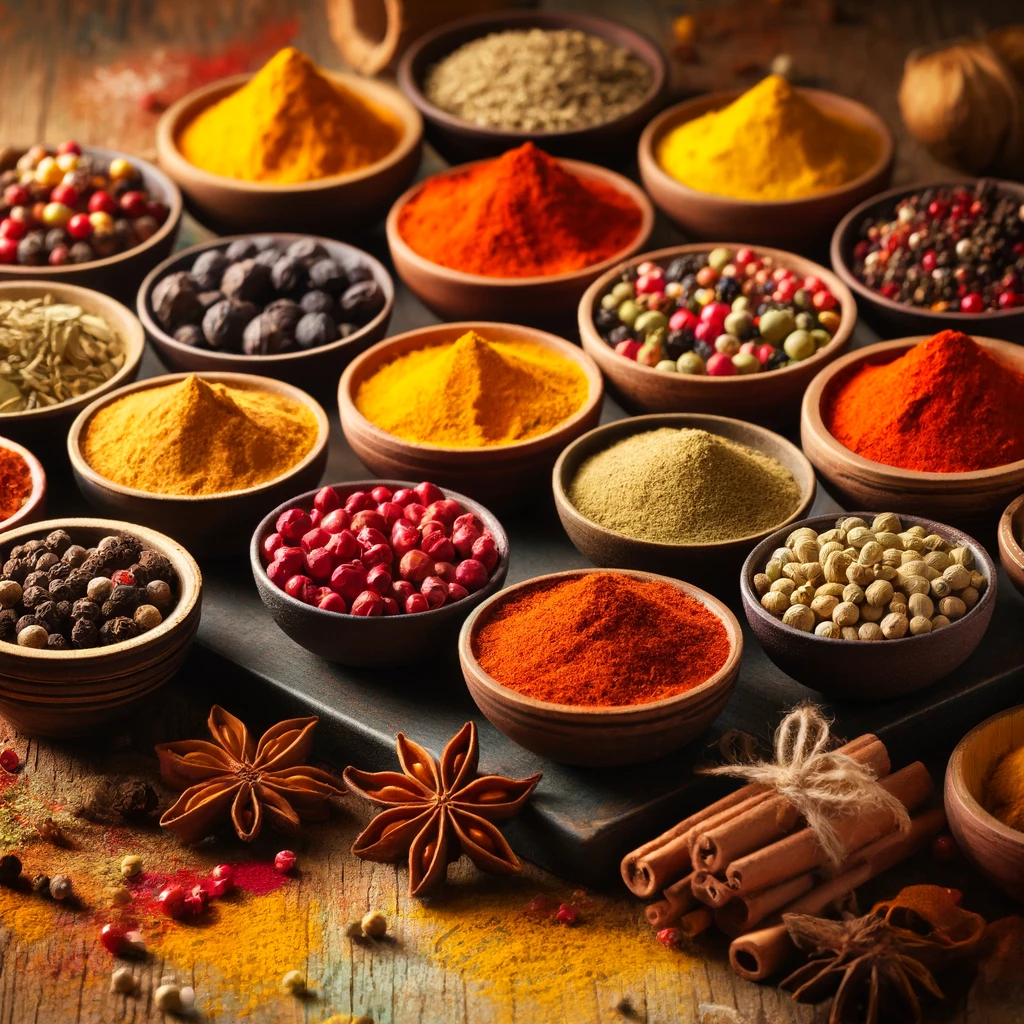 Verschiedene Gewürze in kleinen Schalen auf einer rustikalen Holzoberfläche, darunter Zimtstangen, Sternanis, Kardamomkapseln, Pfefferkörner, Kurkuma, Paprika und Currypulver, arrangiert mit warmem Licht und einladenden Farben.
