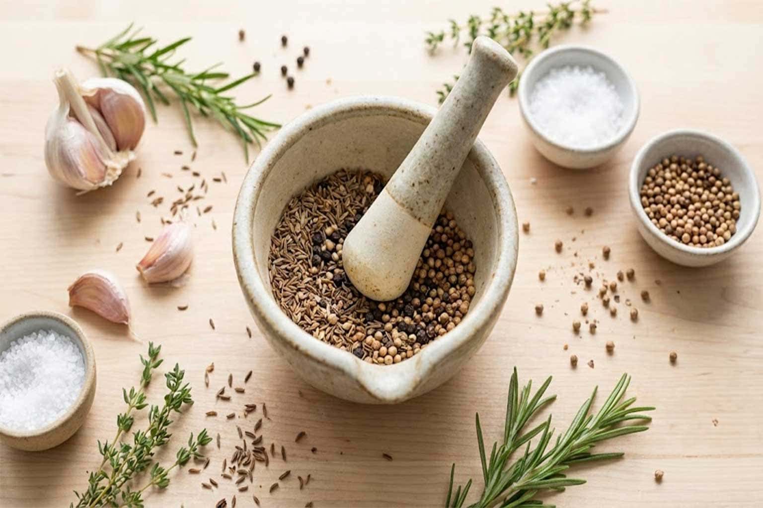 Vorbereitung von Gewürzen für Schweinsbraten mit Mörser und frischen Kräutern