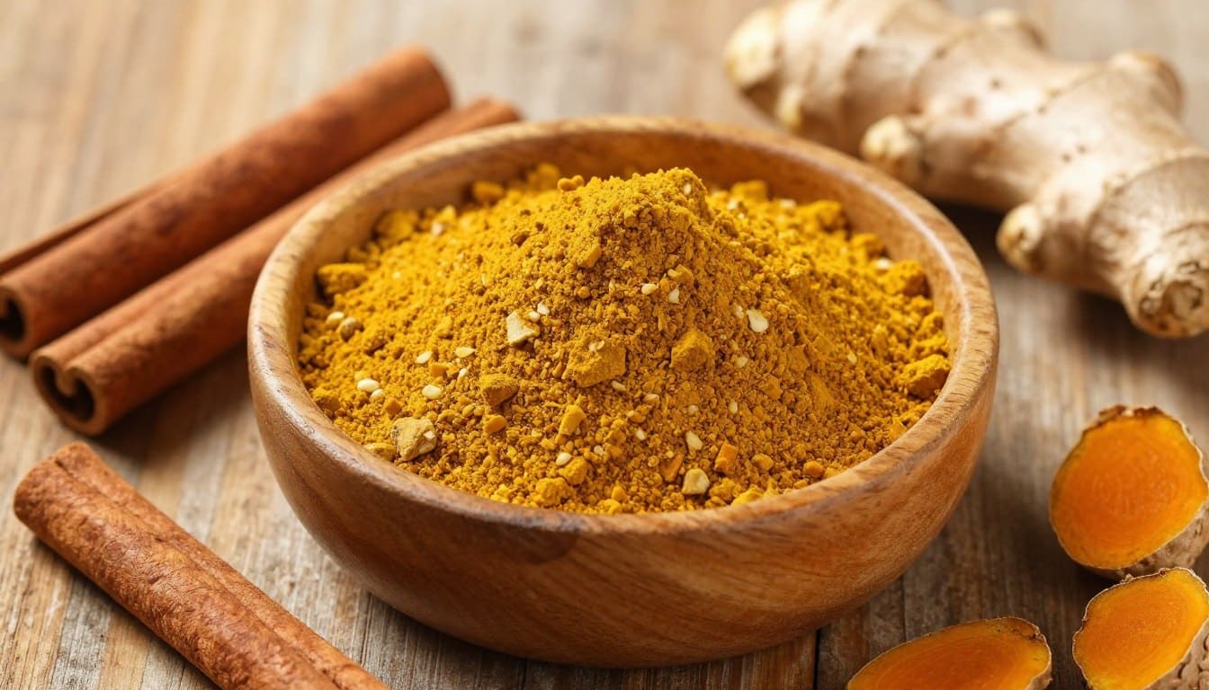 Gewürzmischung aus Kurkuma, Ingwer und Zimt in einer Keramikschale mit Holzlöffel