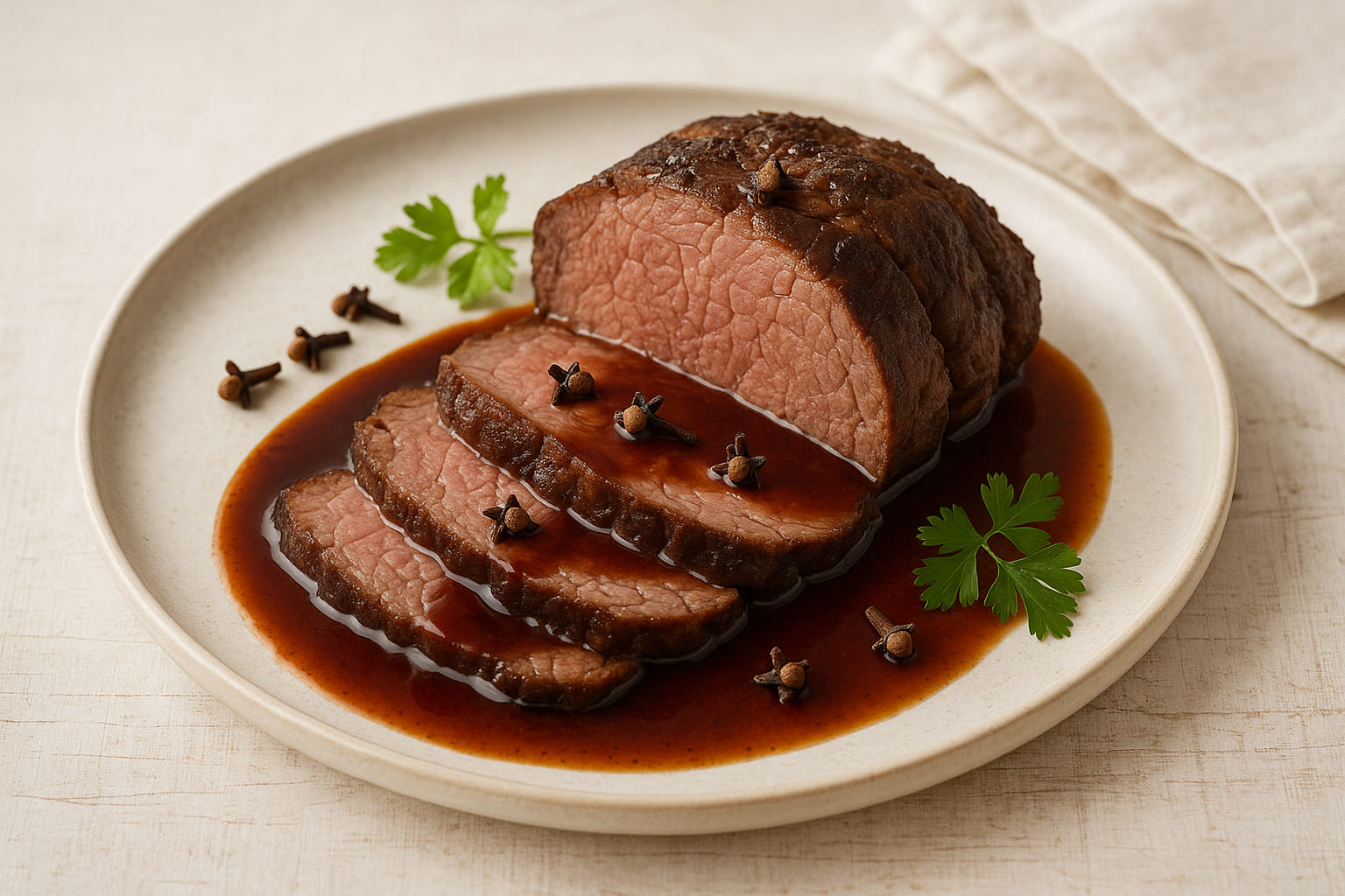 gewuerznelke-herzhaft Rinderbraten mit Nelken und Rotweinsauce