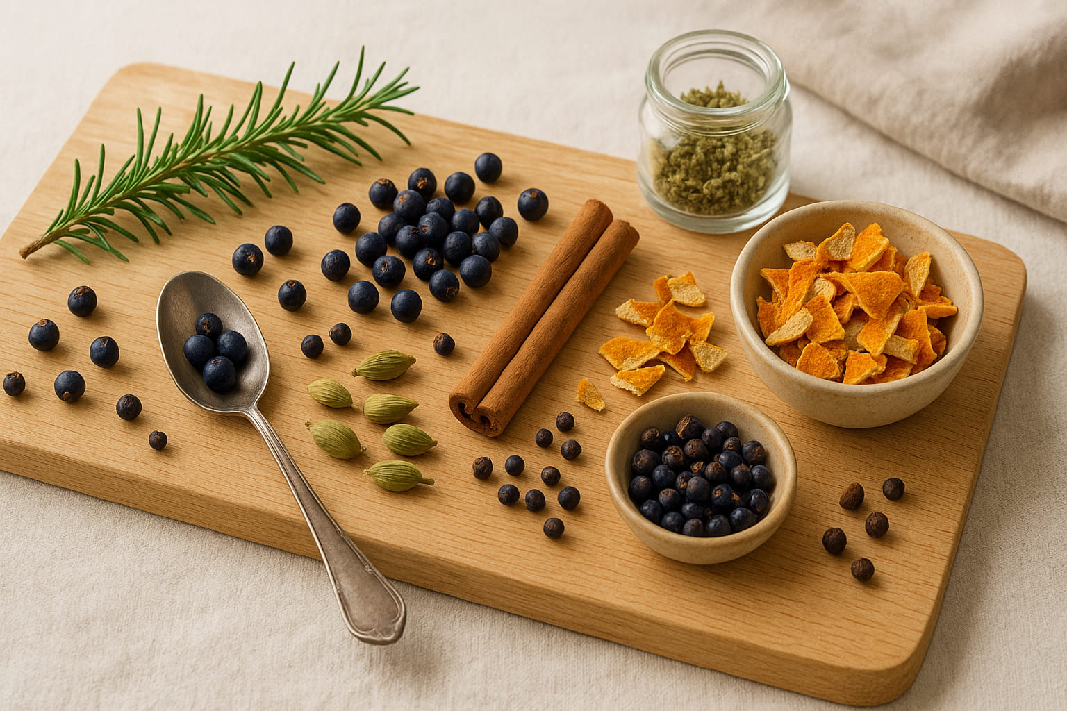 Gin-Botanicals auf hellem Holzbrett mit Wacholder, Rosmarin und Zitrusschalen