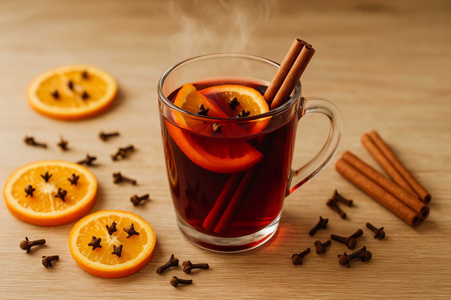 Dampfender Glühwein mit Gewürznelken, Zimtstangen und Orangenscheiben
