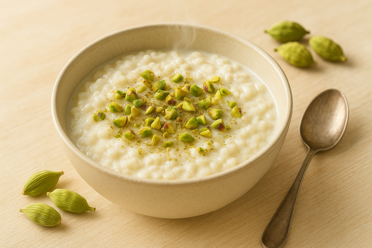 gruener-kardamom-dessert Milchreis mit grünem Kardamom und Pistazien