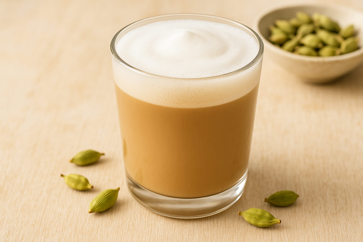 gruener-kardamom-drink Kardamom Chai Latte in Glas mit Milchschaum