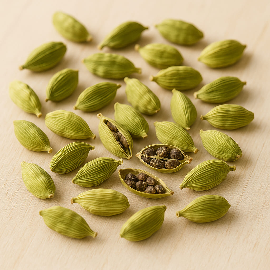 gruener-kardamom-intro Grüner Kardamom in Schoten auf hellem Holz