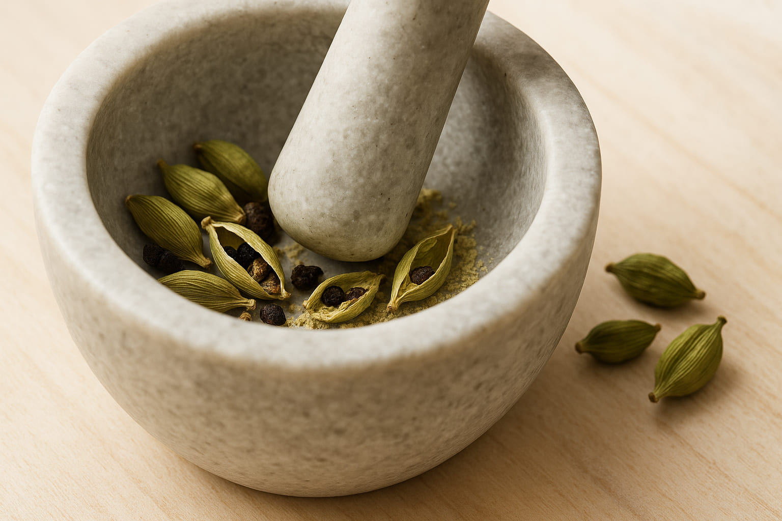 gruener-kardamom-mahlen Grüner Kardamom wird frisch gemahlen