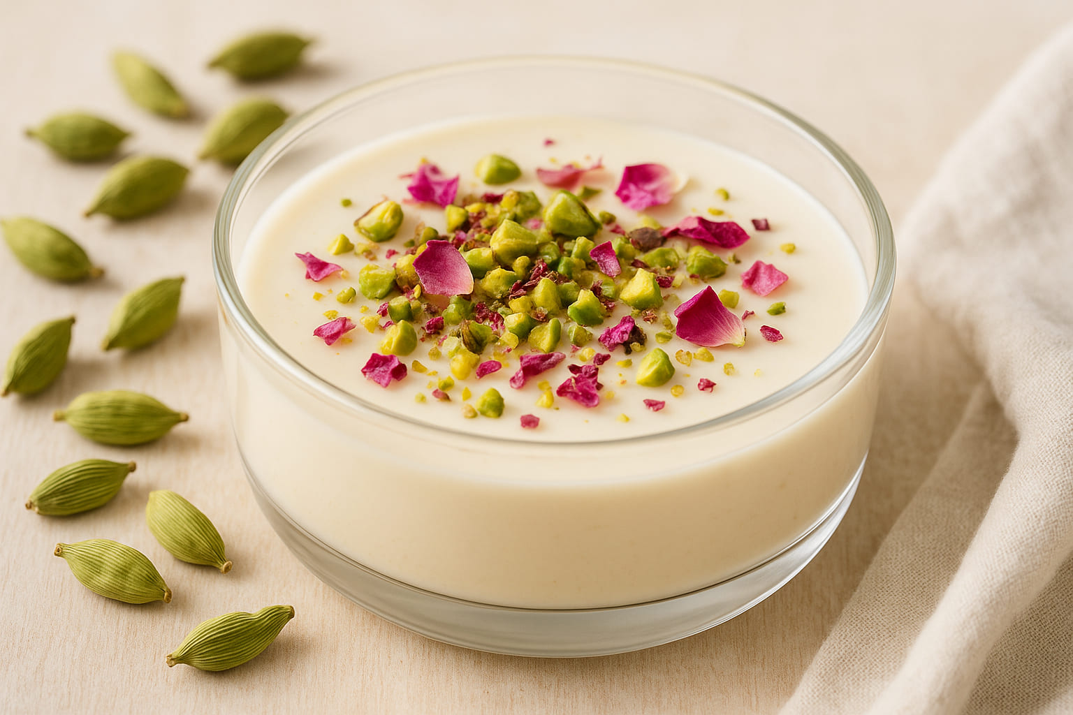 gruener-kardamom-rezept Kardamom-Panna Cotta mit Rosenblättern und Pistazien