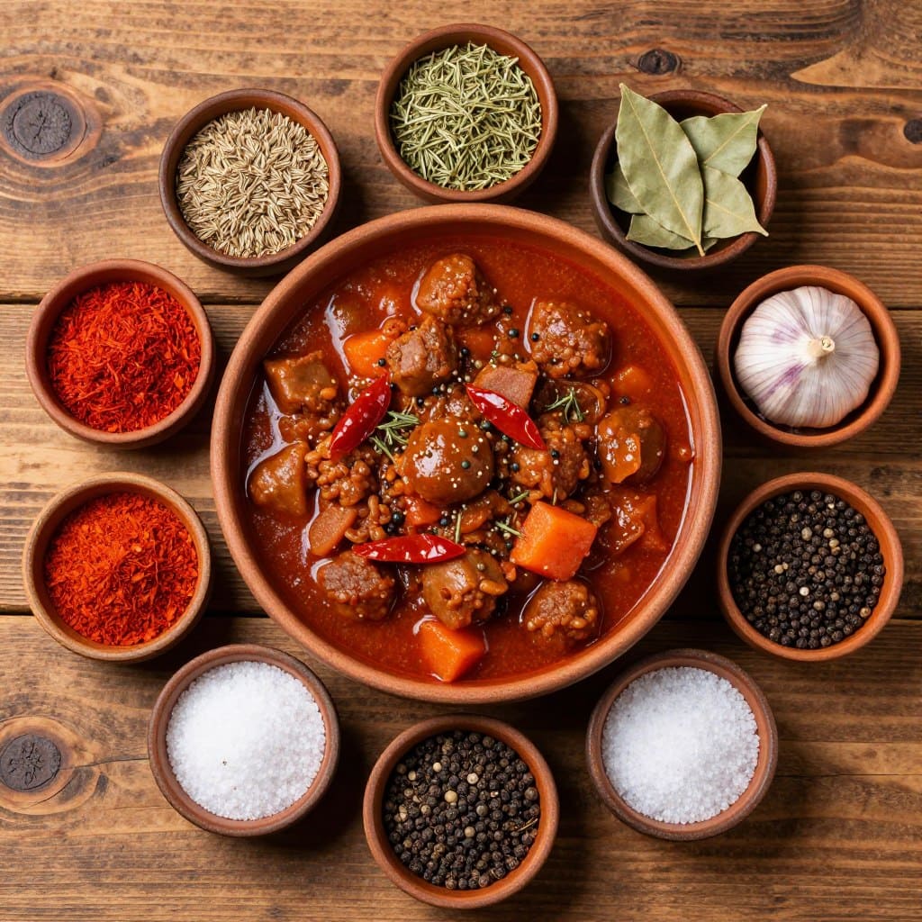 Traditionelles ungarisches Gulasch mit den sieben wichtigsten Gewürzen