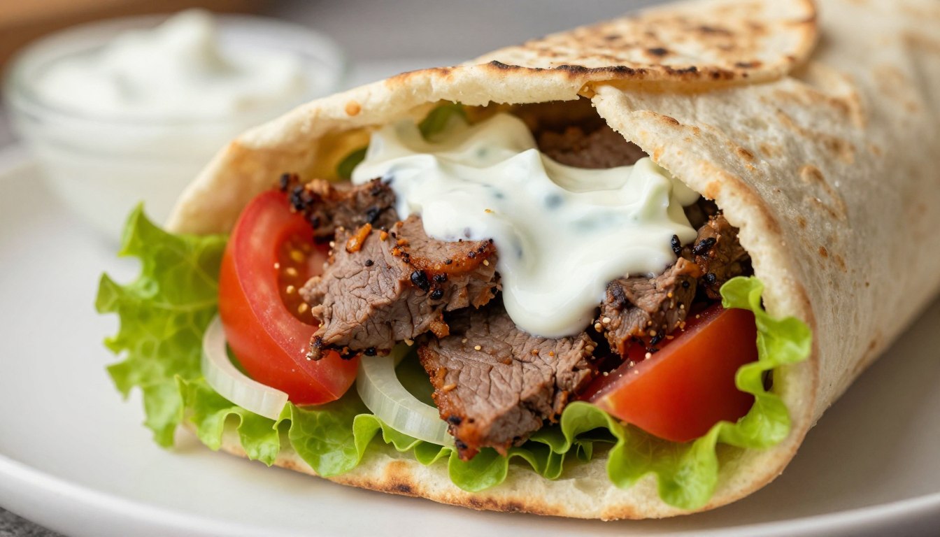 Gyros im Pita-Brot mit Tzatziki und passenden Gewürzen