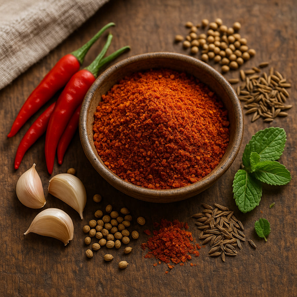 Harissa Gewürz von BenCondito in einer Schale, daneben frische Zutaten wie Chili, Knoblauch und Kräuter