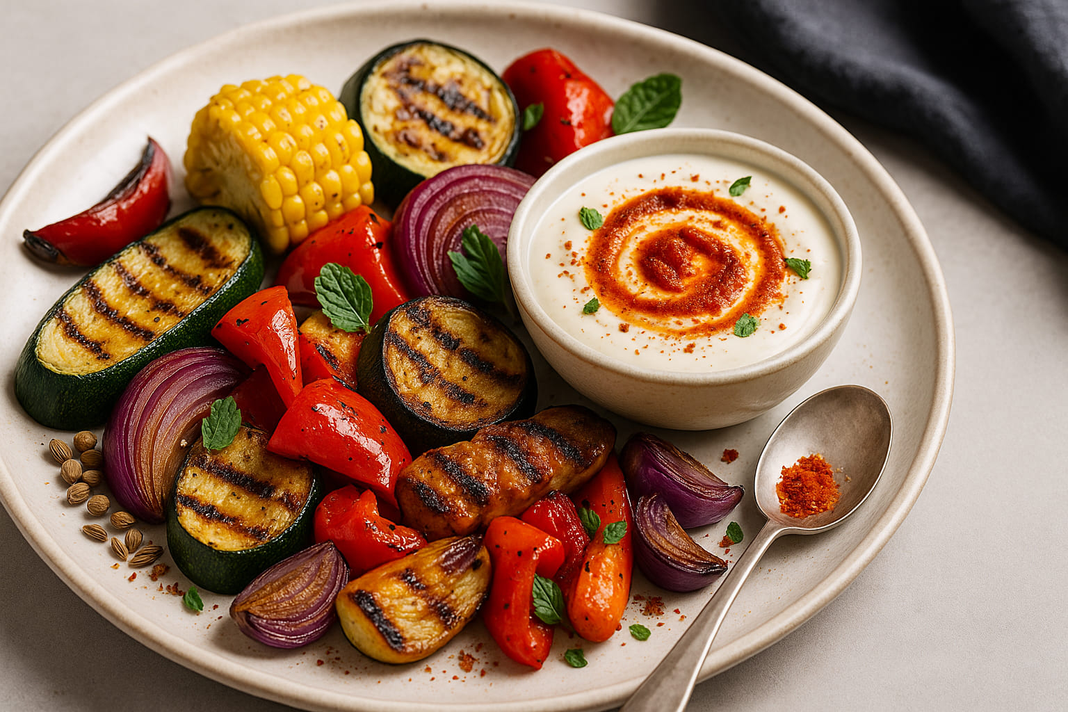 Gegrilltes Gemüse und ein cremiger Dip, mit Harissa Gewürz verfeinert