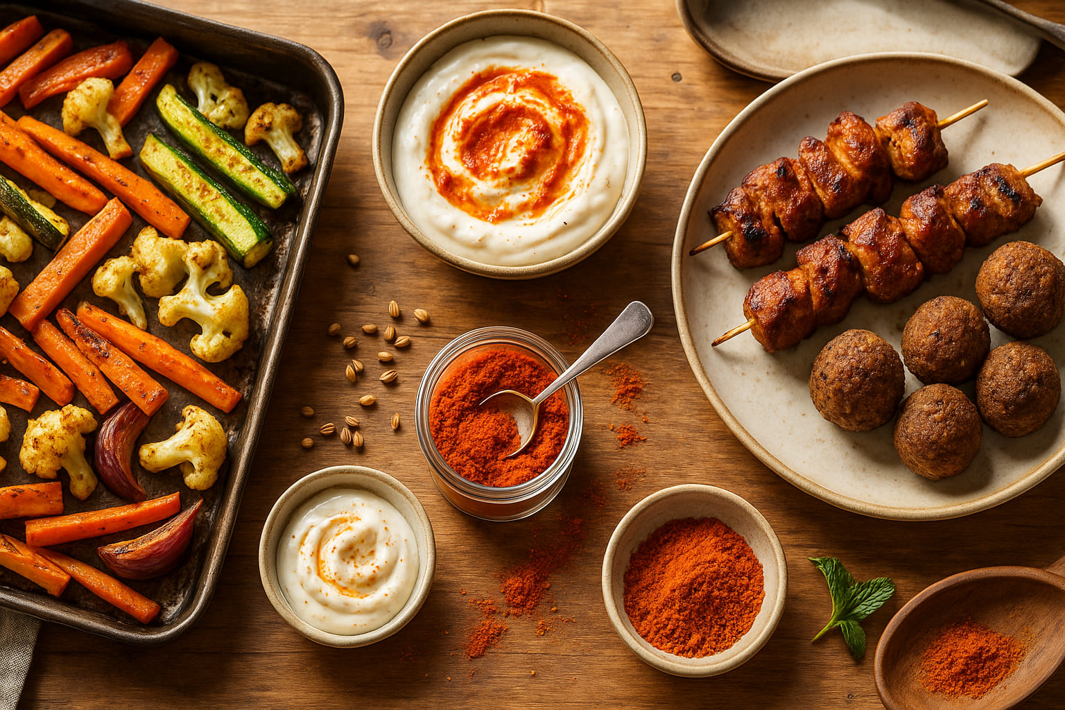 Verschiedene Gerichte mit Harissa Gewürz, darunter Ofengemüse, Dip und Fleischspieße