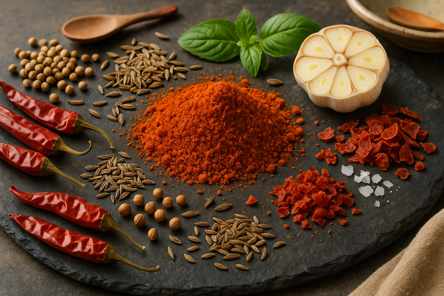 Nahaufnahme der Harissa Gewürzmischung mit einzelnen Zutaten wie Chili, Koriander und Kreuzkümmel