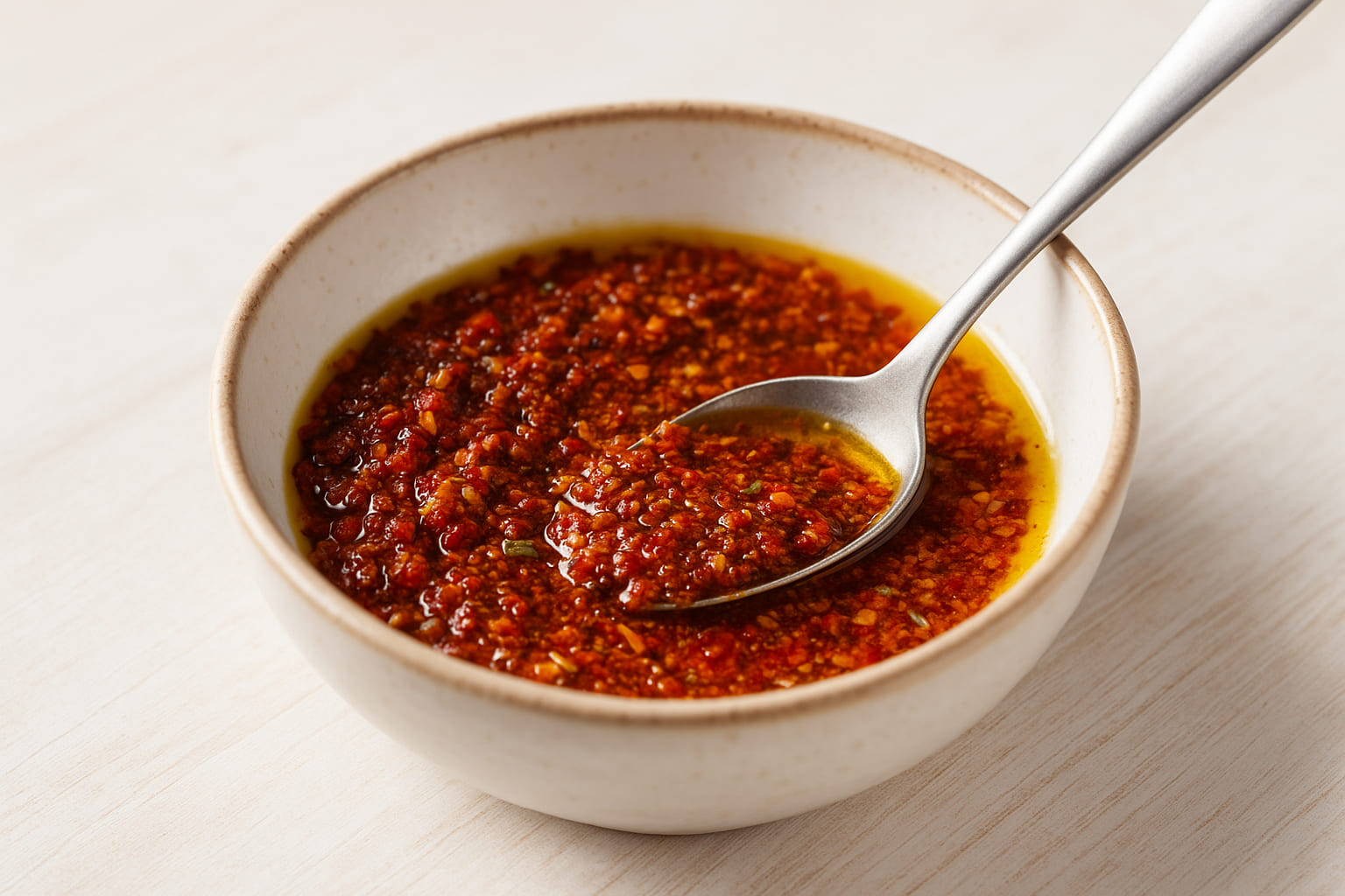 harissa-zubereitung Harissa wird in einer Schale angerührt