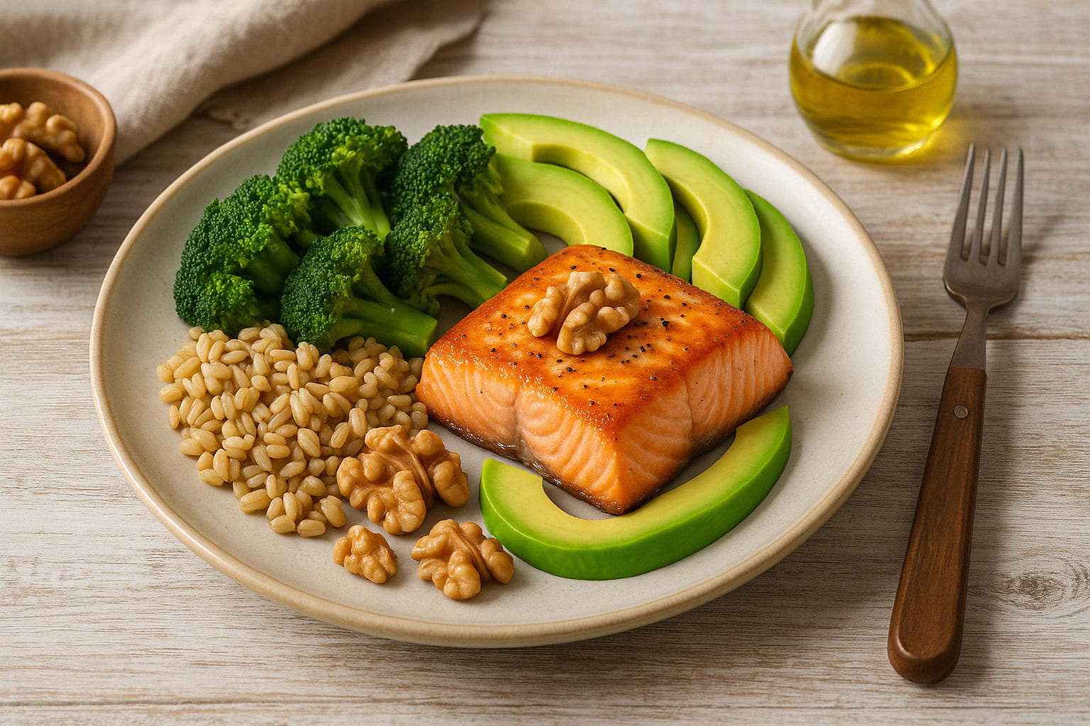 Frisch zubereitetes Gericht aus Avocado, Lachs, Brokkoli und Hafer auf rustikalem Holztisch angerichtet