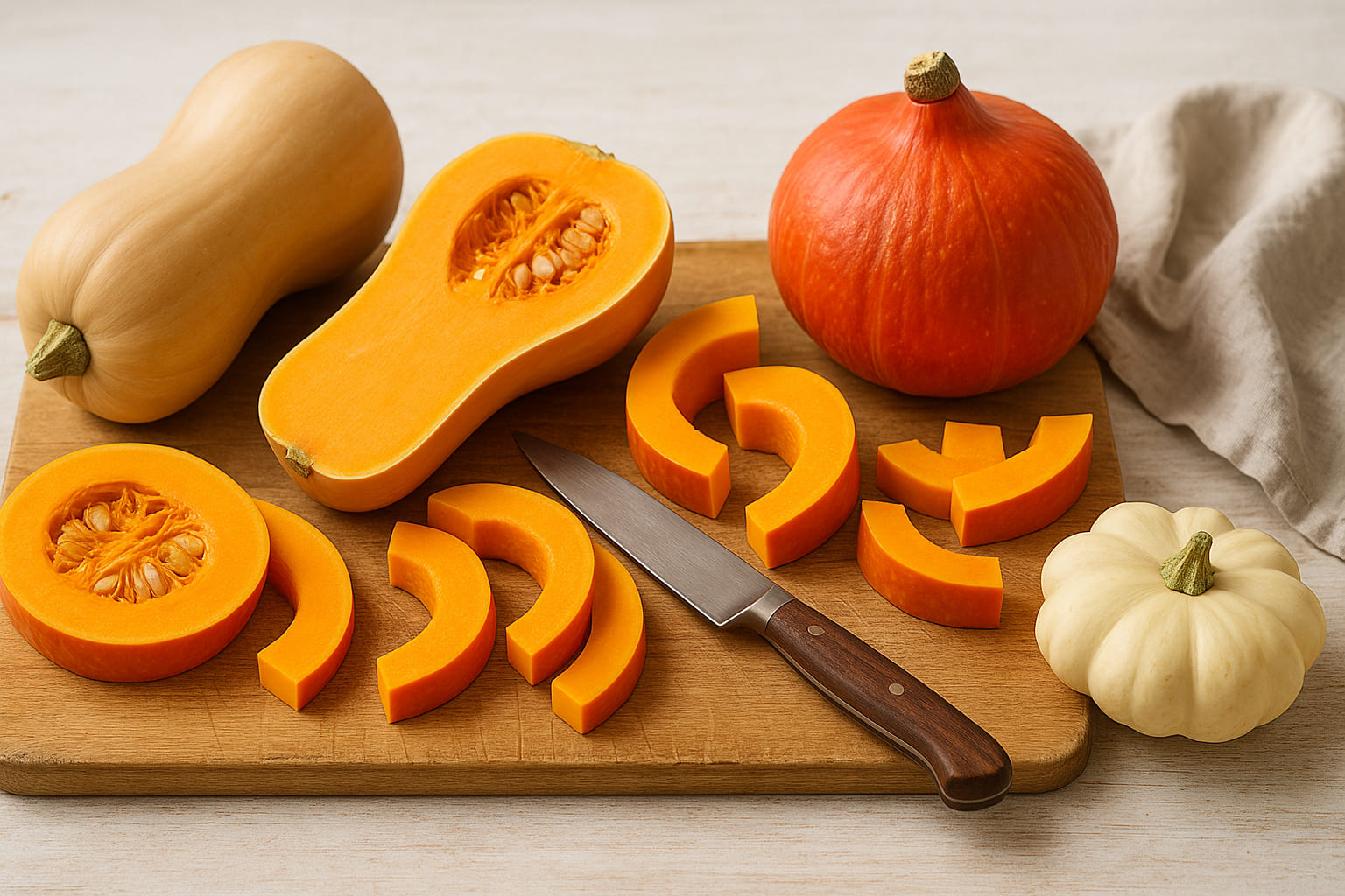 Hokkaido und Butternut Kürbis halbiert und in Scheiben geschnitten auf Schneidebrett mit Messer