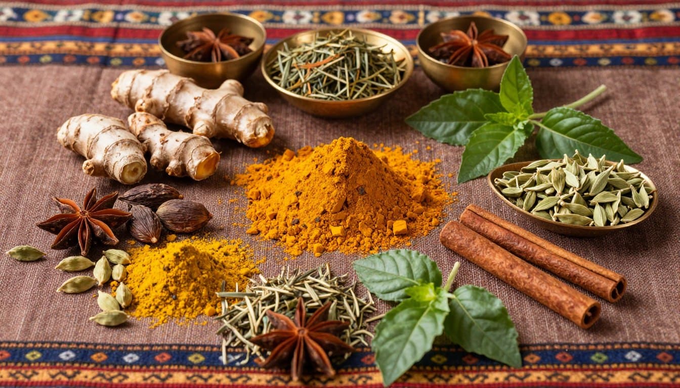 Verschiedene indische Gewürze mit ayurvedischen Heilpflanzen und Kräutern