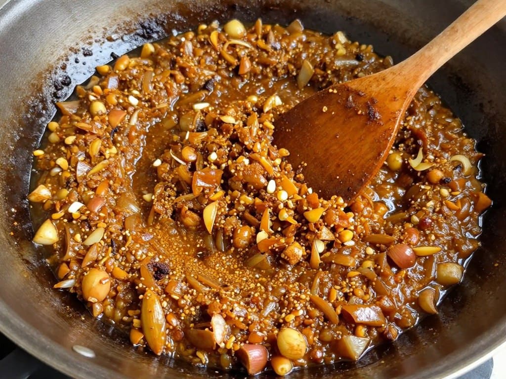 Bhuna-Technik mit Gewürzpaste, die in einer Pfanne geröstet wird