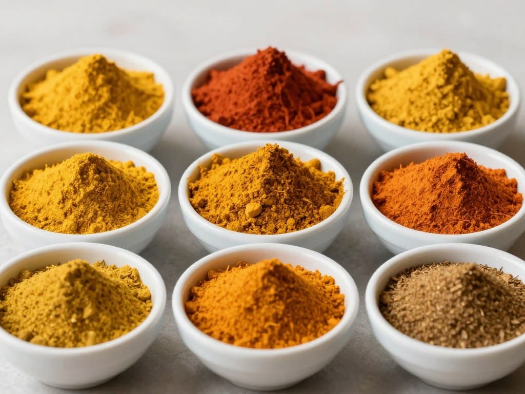 Verschiedene Curry-Pulver in unterschiedlichen Farbtönen nebeneinander